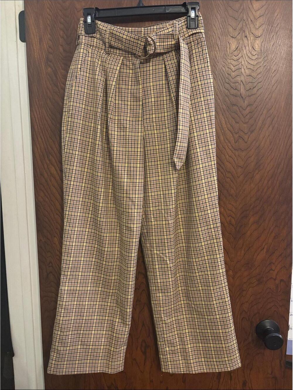 Tularosa Beige Plaid High-Waist Belted Wide-Leg Pants